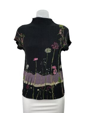 J.T.B. Black Floral Beaded Embellished Short Sleeve Mock Neck Blouse Top Size M